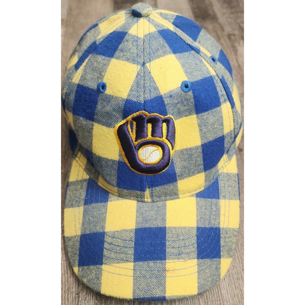 Milwaukee Brewers Baseball Cap Blue Yellow Checker Plaid OSFA Hat Max HeadGear